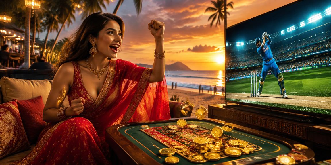 Indian woman playing Andar Bahar on mobile phone at Goa beach